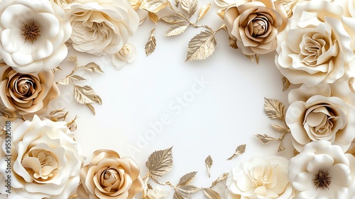 Elegant gold and white roses arranged in a decorative frame on a white background
