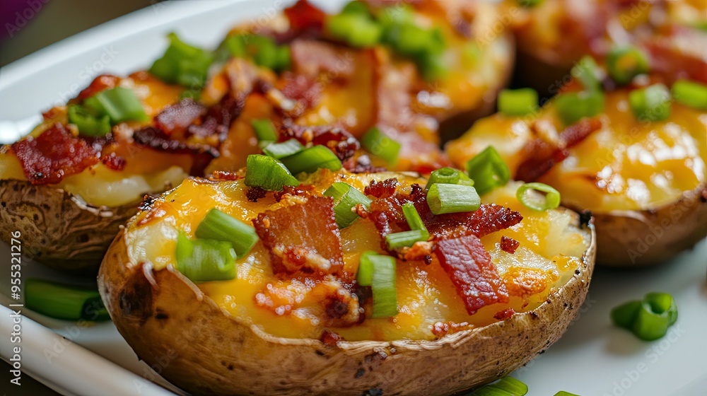 Close-up view of loaded baked potatoes garnished with bacon, green onions, and cheese, presented on a white ceramic plate. Close-up view of loaded baked potatoes garnished with bacon, green onions, and cheese, presented on a white ceramic plate.