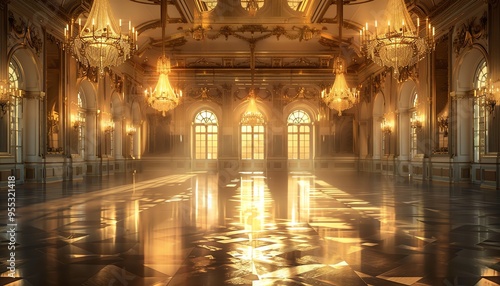 Empty ballroom with chandeliers, golden light reflections on floor, elegant and warm photo