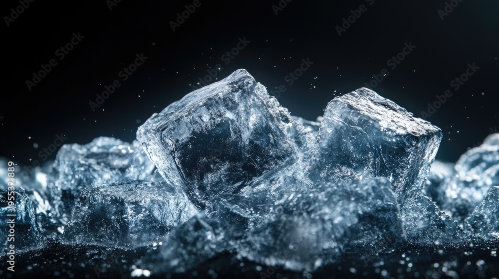 Crushed ice cubes with frosty edges and a translucent look, isolated on a dark background, including clipping path Crushed ice cubes with frosty edges and a translucent look, isolated on a dark background, including clipping path