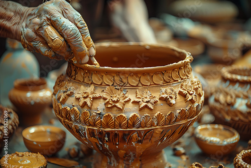 Intricate Designs in Pottery A Close Up on Craftsmanship Generated by AI photo