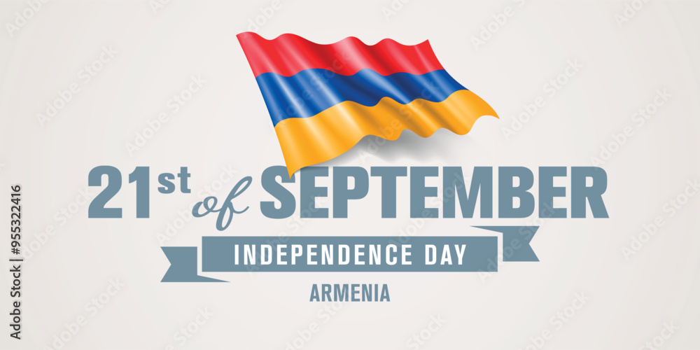 Armenia happy independence day greeting card, banner vector illustration. Armenian national holiday 21st of September design element with realistic flag Armenia happy independence day greeting card, banner vector illustration. Armenian national holiday 21st of September design element with realistic flag