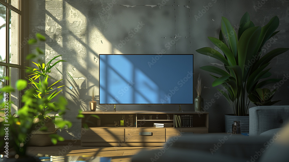 Fototapeta premium Modern living room with large TV, plants, and comfortable furniture.