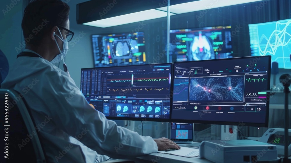 Advanced AI Interface with Colorful Data Visuals in Modern Medical Laboratory Advanced AI Interface with Colorful Data Visuals in Modern Medical Laboratory