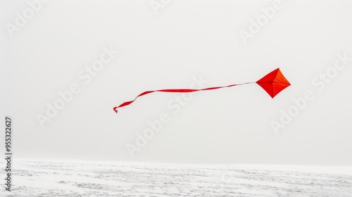 Vibrant Red Kite Flying Above a Snowy Landscape photo