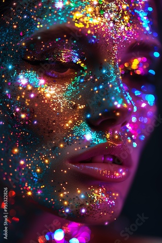 Face covered in vibrant glitter and lights