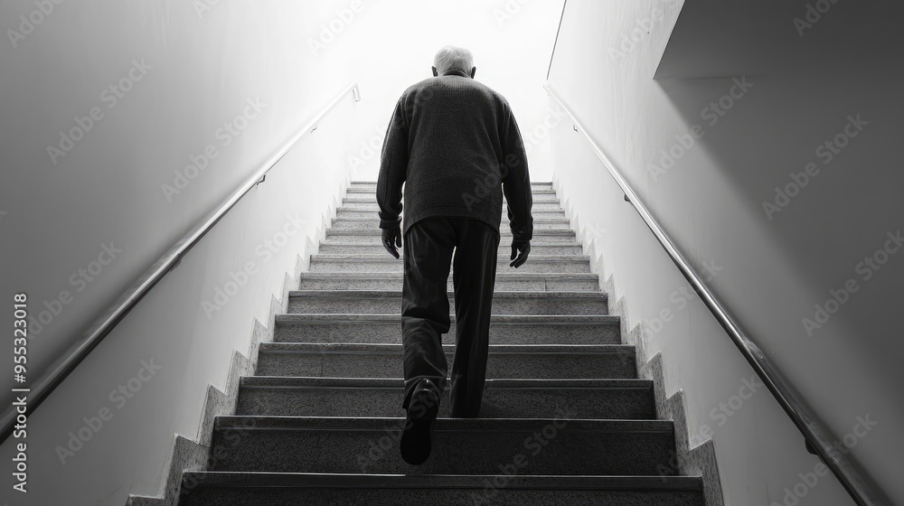 An elderly man ascends stairs slowly, each step deliberate and careful, showcasing the challenges of aging. An elderly man ascends stairs slowly, each step deliberate and careful, showcasing the challenges of aging.