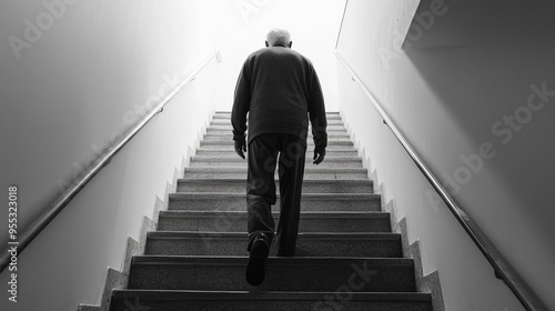 An elderly man ascends stairs slowly, each step deliberate and careful, showcasing the challenges of aging.