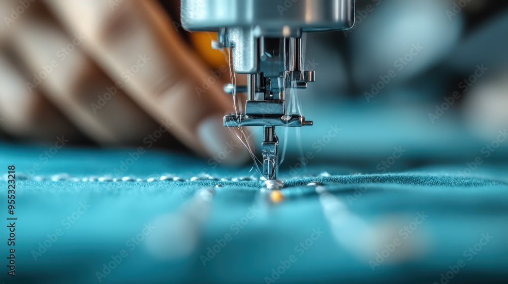 Detailed shot of a sewing machine's needle working on elegant blue fabric, highlighting the meticulous process and advanced techniques used in fabric production. Detailed shot of a sewing machine's needle working on elegant blue fabric, highlighting the meticulous process and advanced techniques used in fabric production.