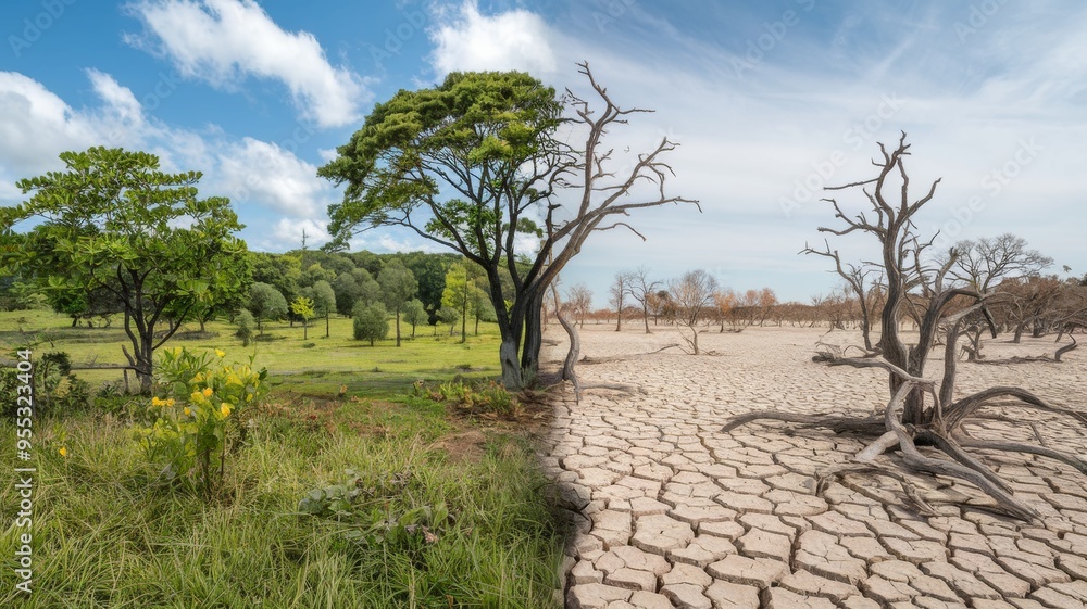 Fototapeta premium Divergent Ecosystems: Lush Greenery and Arid Terrain
