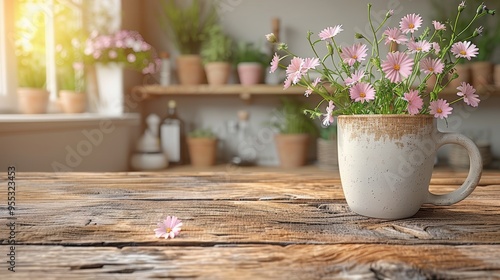 A rustic wooden table adorned with a ceramic mug filled with delicate pink daisies, set against a cozy kitchen backdrop with sunlight filtering through the window photo