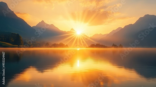 Golden rays of the rising sun breaking over the mountains, reflecting on the calm waters of a serene lake, creating a peaceful morning scene