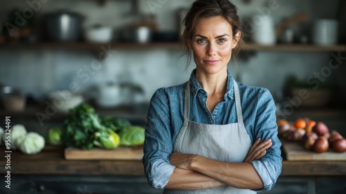 Happy woman with a warm smile standing in a kitchen filled with fresh vegetables, symbolizing joy in culinary arts, healthy eating, and home cooking comfort. photo