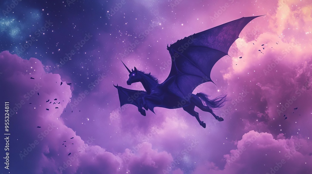 Pastel Goth bat-winged unicorn flying through a starry pastel sky, Halloween mythical Pastel Goth bat-winged unicorn flying through a starry pastel sky, Halloween mythical