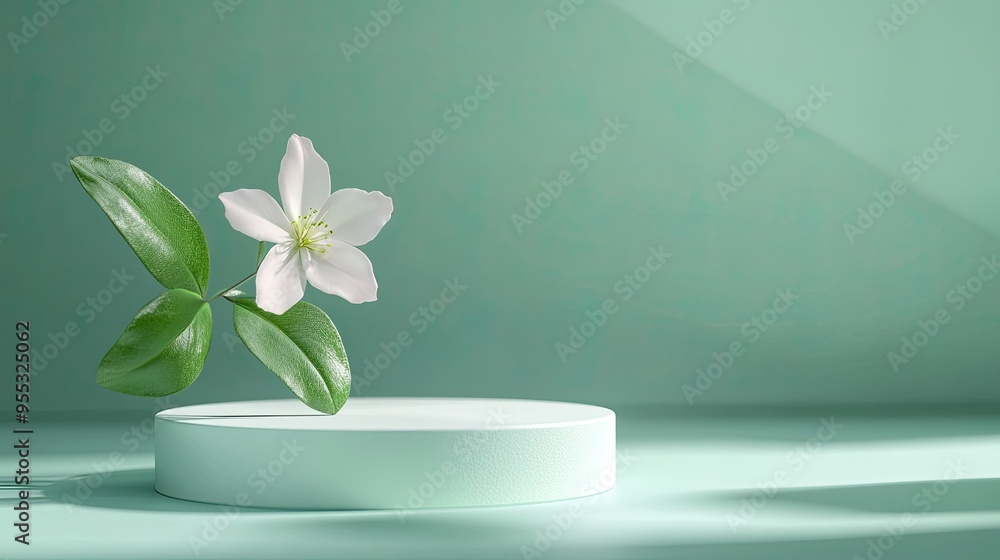 Green background with a white podium and a single flower, perfect for a natural and clean cosmetic product showcase Green background with a white podium and a single flower, perfect for a natural and clean cosmetic product showcase