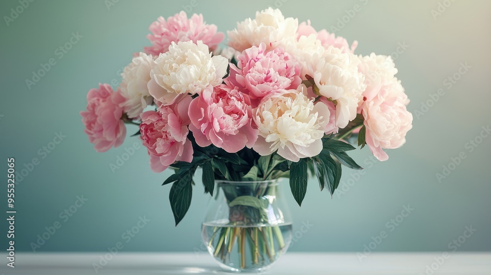 Fototapeta premium Delicate Pastel Peony Bouquet in Glass Vase on White Table - Elegance and Simplicity in Floral Decor