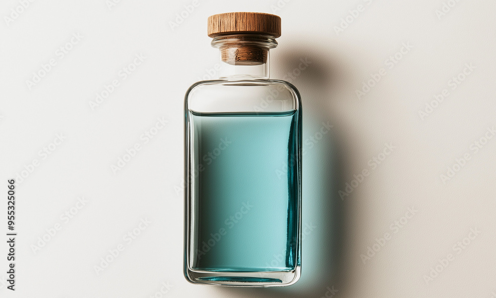 A sleek, transparent glass bottle with a wooden cap, filled halfway with a light blue liquid, floating above a white background A sleek, transparent glass bottle with a wooden cap, filled halfway with a light blue liquid, floating above a white background