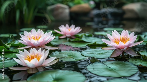 Wallpaper Mural Tranquil Garden Pond with Pastel Water Lilies and Green Foliage - Peaceful Natural Scene Torontodigital.ca