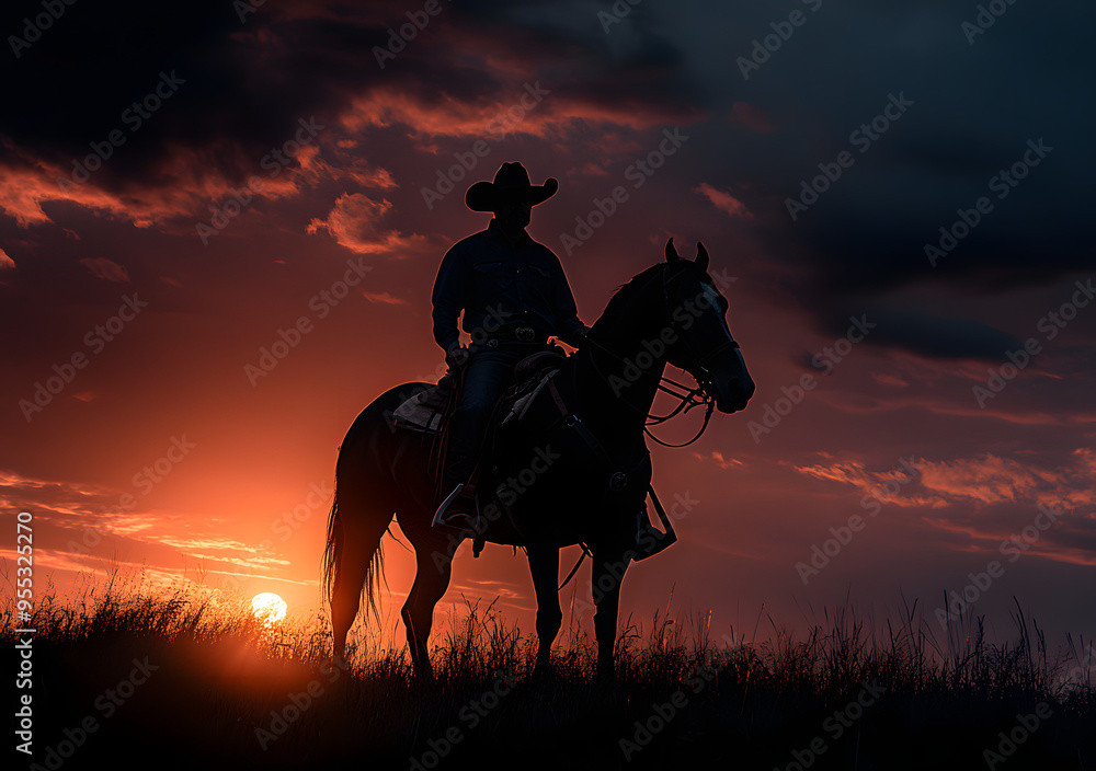 “Silhouette of a Cowboy on Horseback Against a Stunning Sunset Sky, Capturing the Spirit of the Wild West, Adventure, and the Timeless Bond Between Rider and Horse in a Majestic and Peaceful Landscape “Silhouette of a Cowboy on Horseback Against a Stunning Sunset Sky, Capturing the Spirit of the Wild West, Adventure, and the Timeless Bond Between Rider and Horse in a Majestic and Peaceful Landscape