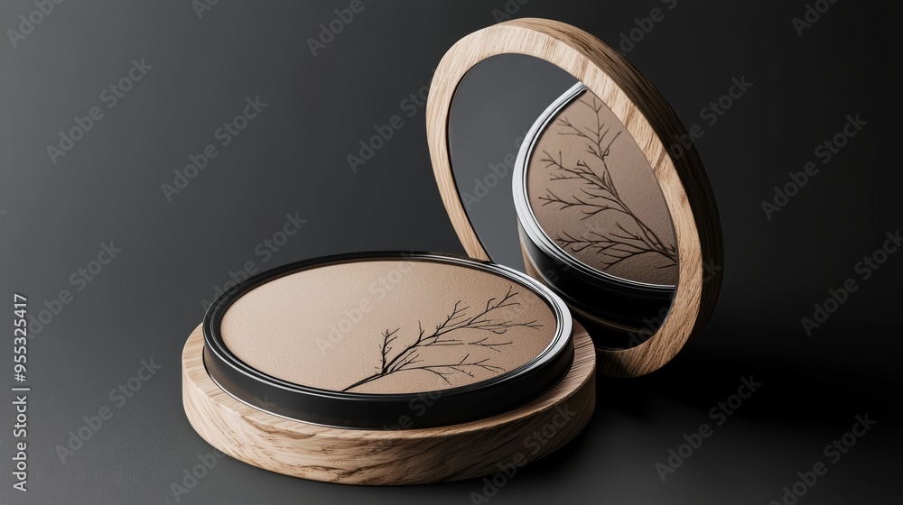 A cosmetic powder compact mockup with a wooden exterior and a mirror etched with a pattern of leaves. A cosmetic powder compact mockup with a wooden exterior and a mirror etched with a pattern of leaves.