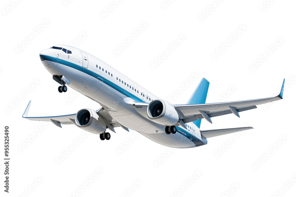 Obraz premium Commercial blue passenger airplane in flight flying isolated on transparent background