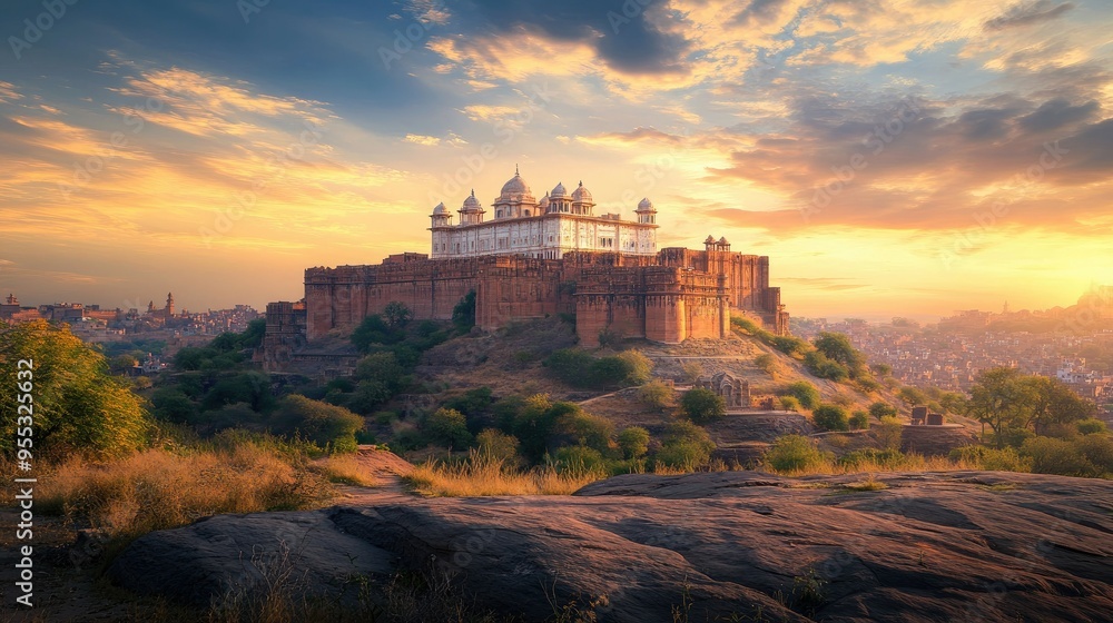 Fototapeta premium Jaswant Thada bathed in the warm hues of sunset, with the majestic Mehrangarh Fort standing tall behind, Jodhpur, India
