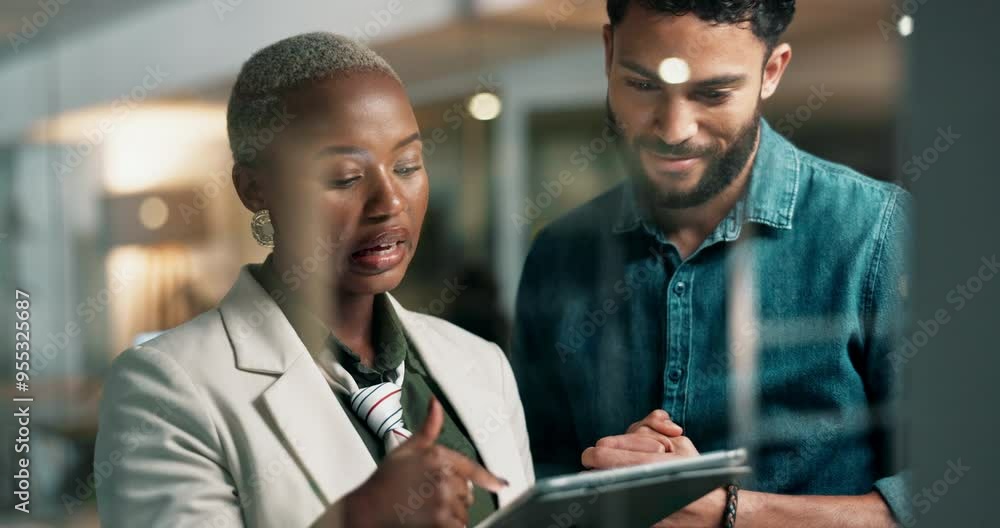 Tablet, meeting and business people in office at night for research project, website review and internet. Corporate, teamwork and black woman and man on digital tech for email, planning and feedback