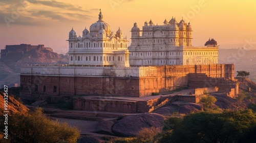 Jaswant Thada and Mehrangarh Fort at sunset, the structures illuminated by the soft golden light, Jodhpur, India