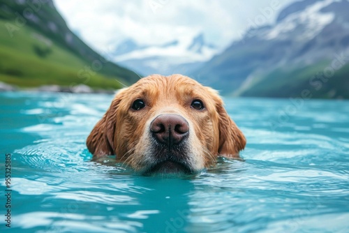 Golden Retriever Dog Swimming in a Mountain Lake