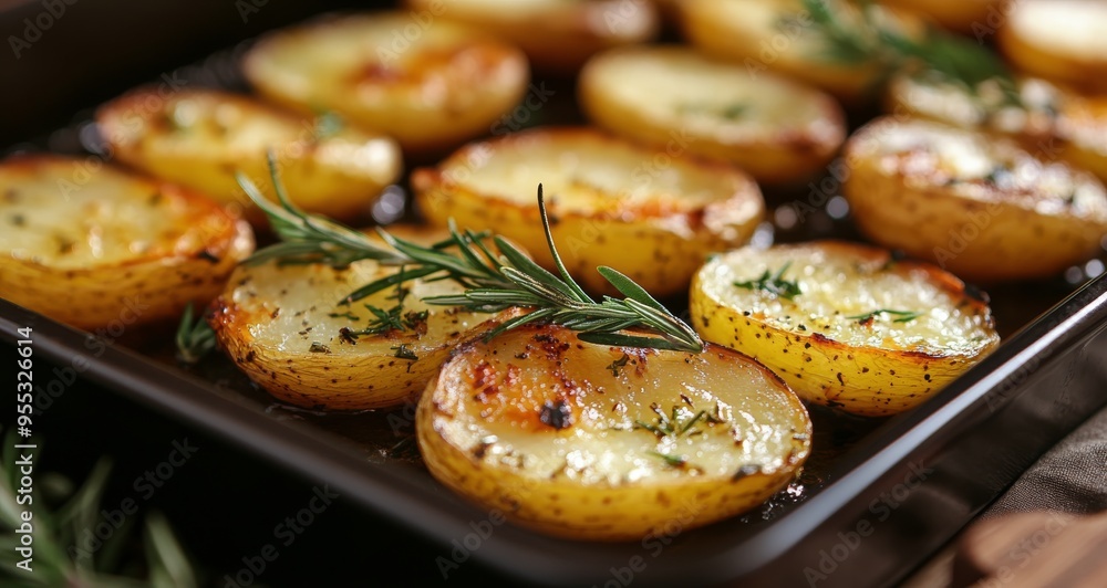Golden roasted potatoes with fresh herbs served on a baking tray at a cozy kitchen setting Golden roasted potatoes with fresh herbs served on a baking tray at a cozy kitchen setting