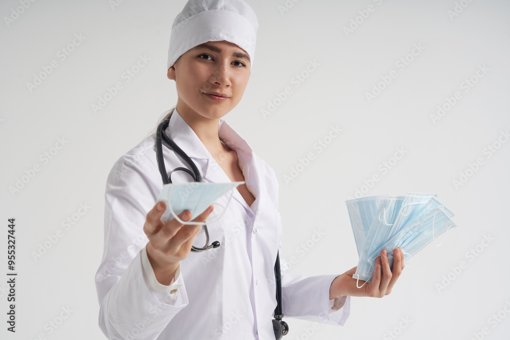 Doctor or nurse recommend to use protective face mask to protect from virus infection, coronavirus concept Doctor or nurse recommend to use protective face mask to protect from virus infection, coronavirus concept