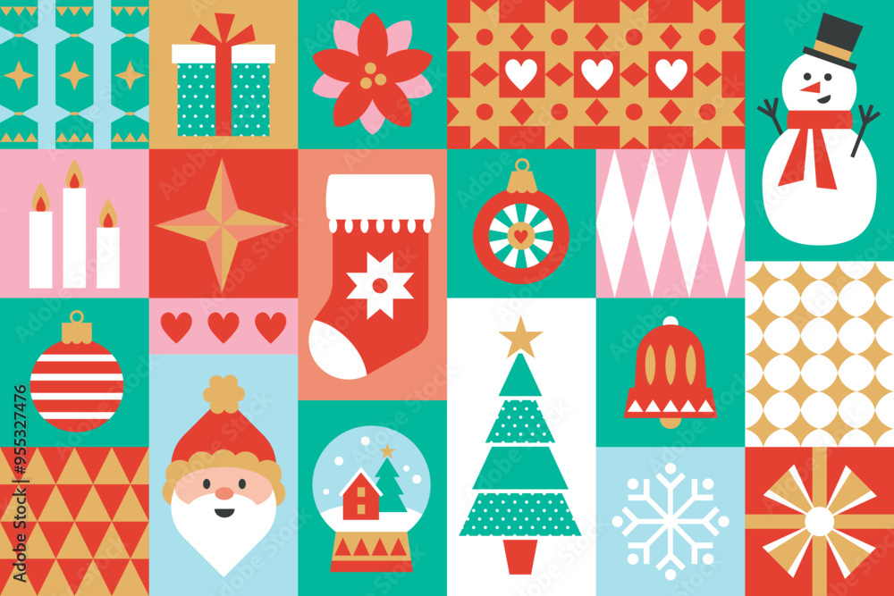Christmas icons elements with geometric Bauhaus seamless vector pattern for wrapping paper, background, wallpaper. Holiday season, modern, contemporary abstract design. Christmas icons elements with geometric Bauhaus seamless vector pattern for wrapping paper, background, wallpaper. Holiday season, modern, contemporary abstract design.