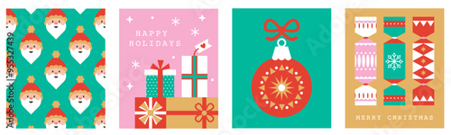 Christmas card set with geometric Bauhaus cute modern vector geometric wrapping paper, background, wallpaper, banner. Holiday season, modern, contemporary abstract design.