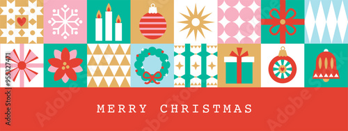 Christmas icons elements with geometric Bauhaus seamless vector pattern for wrapping paper, background, wallpaper. Holiday season, modern, contemporary abstract design.