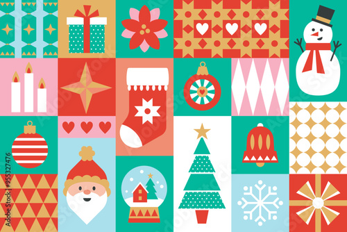 Christmas icons elements with geometric Bauhaus seamless vector pattern for wrapping paper, background, wallpaper. Holiday season, modern, contemporary abstract design.