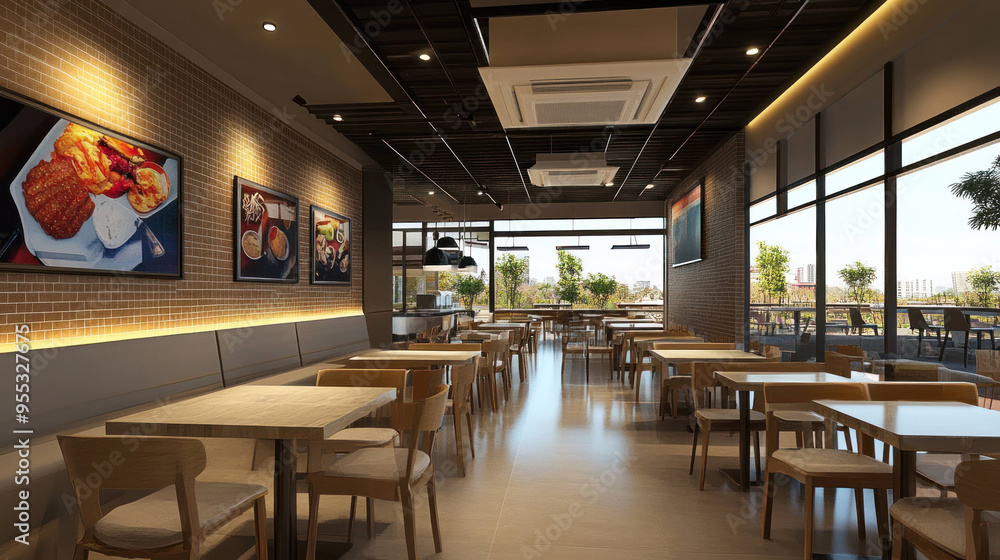 Modern restaurant interior featuring wooden tables and chairs, large windows, and vibrant food displays. atmosphere is inviting and bright. Modern restaurant interior featuring wooden tables and chairs, large windows, and vibrant food displays. atmosphere is inviting and bright.