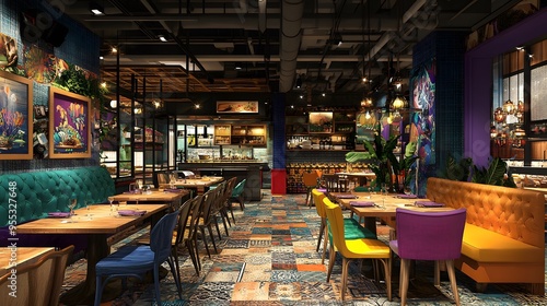 A vibrant restaurant interior with dynamic ever-changing themes