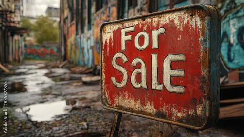 For Sale sign in front of an abandoned graffiti-covered industrial building, suggesting urban decay and potential investment opportunities