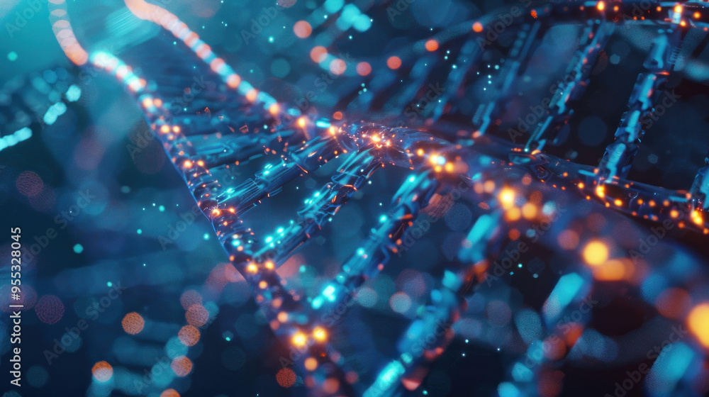 A vibrant and intricate representation of DNA double helix, showcasing glowing strands and particles in dynamic blue and orange color scheme. A vibrant and intricate representation of DNA double helix, showcasing glowing strands and particles in dynamic blue and orange color scheme.