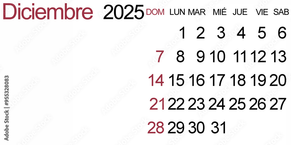Obraz premium December 2025. A classic horizontal calendar written in Spanish. Last month of the year.