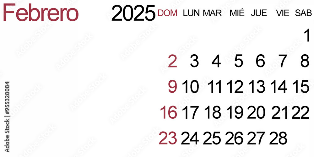 Classic calendar for February 2025 in Spanish. The week starts on Sunday. Classic calendar for February 2025 in Spanish. The week starts on Sunday.