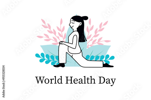 World Health Day linear concept with people scene in the flat cartoon style. A woman stretches in a low lunge pose surrounded by a colorful abstract floral background. Vector illustration.