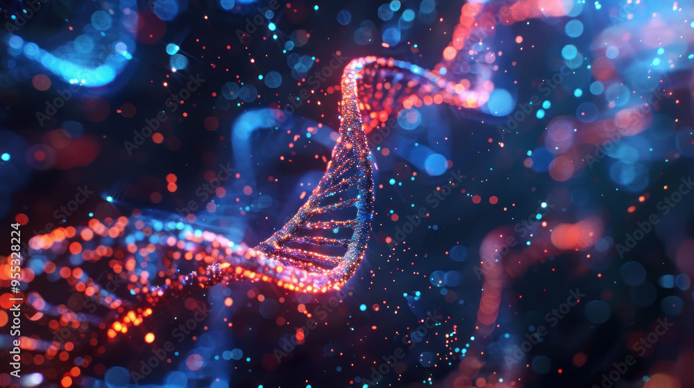 A vibrant representation of DNA strands illuminated by colorful lights, showcasing beauty of genetic structures. A vibrant representation of DNA strands illuminated by colorful lights, showcasing beauty of genetic structures.