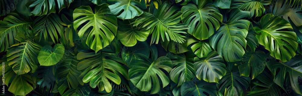 Fototapeta premium Lush green tropical leaves create vibrant and serene backdrop, perfect for nature lovers. 