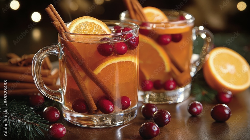 Warm festive drinks with cranberries and orange in cozy setting during winter holiday season Warm festive drinks with cranberries and orange in cozy setting during winter holiday season