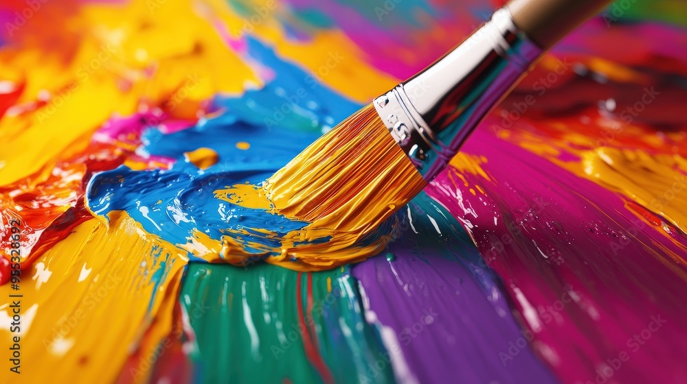 A paintbrush is dipped into a palette of paint A paintbrush is dipped into a palette of paint