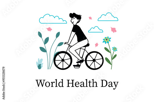 World Health Day linear concept with people scene in the flat cartoon style. A man rides a bicycle surrounded by flowers and clouds, promoting a healthy lifestyle. Vector illustration.