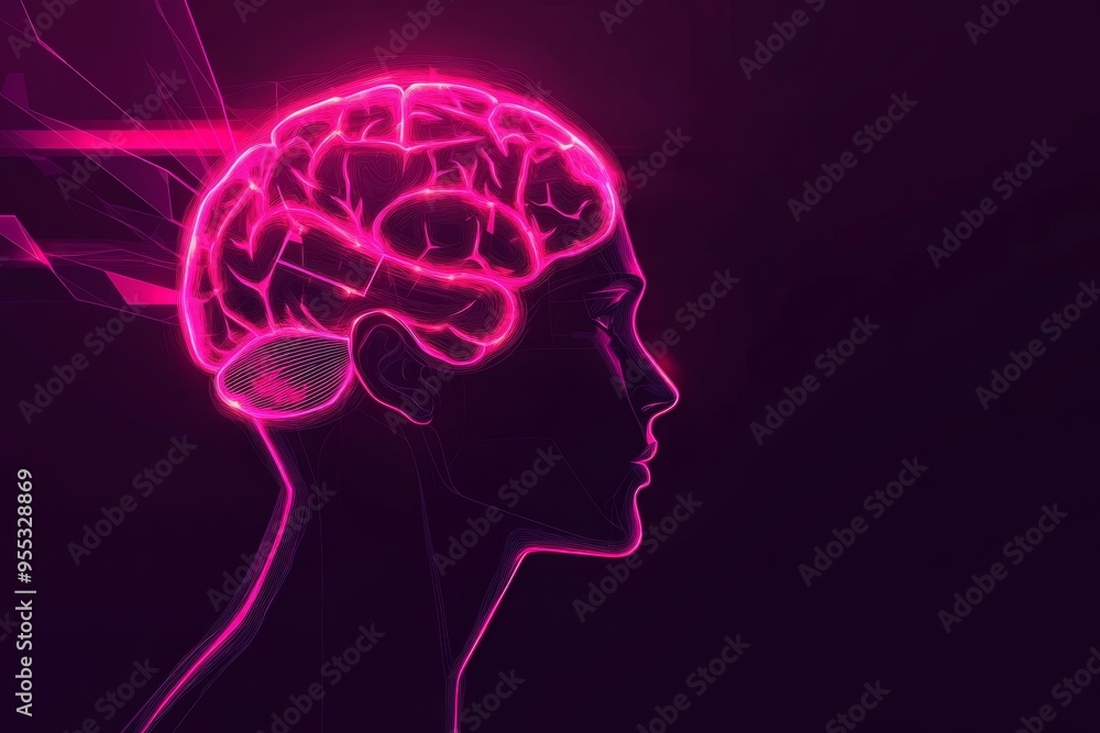 Cognitive flexibility Brain derived neurotrophic factor Neon outline of a human brain on a dark background symbolizing the electrical activity of neurons and the power of thought Cognitive flexibility Brain derived neurotrophic factor Neon outline of a human brain on a dark background symbolizing the electrical activity of neurons and the power of thought