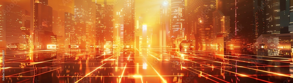 Fototapeta premium Futuristic cityscape with glowing skyscrapers and fiery reflections on a gridlike surface