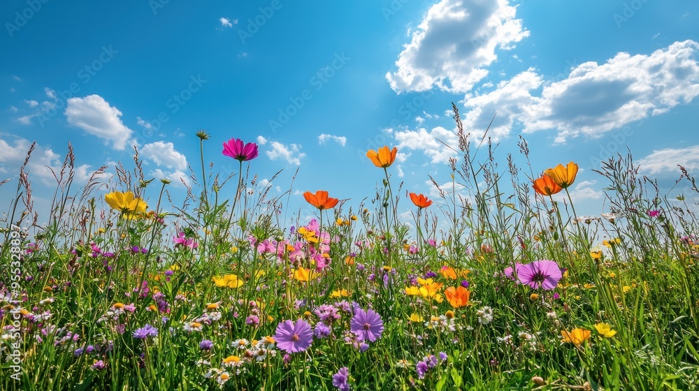 Serene Meadow Bliss: Pastel Wildflowers and Tall Grasses Under Blue Sky Serene Meadow Bliss: Pastel Wildflowers and Tall Grasses Under Blue Sky